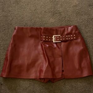 Bershka Faux Leather Mini Skort in Wine Red with Studded Belt